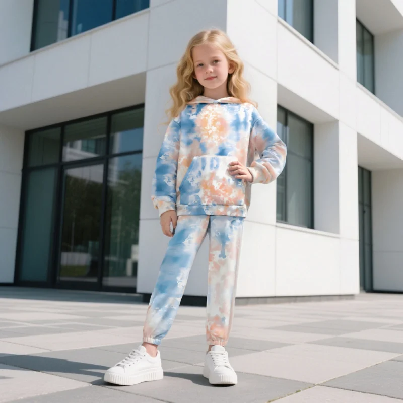 Girls Tie-Dye Hooded Sweatshirt Set Gradient Casual Sports Two-Piece Set