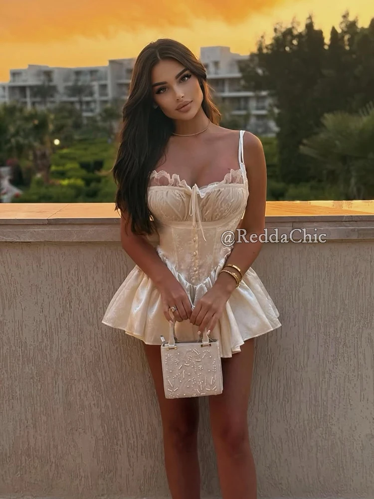 ReddaChic Mini Cami Dress with Built-in Shorts Spaghetti Straps Glossy Floral Women Satin Rompers One Piece Puffy Pants Party