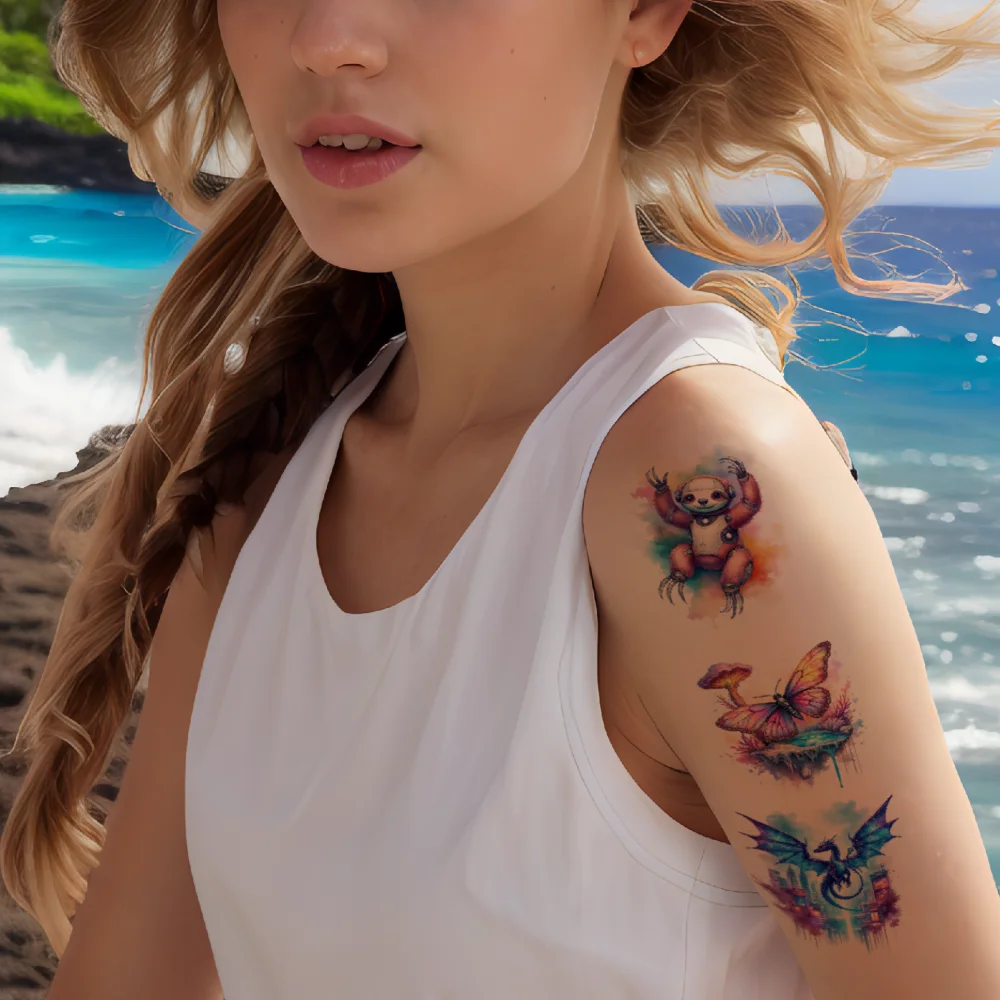 28pcs Temporary Tattoo Waterproof Long-lasting Body Stickers Cat Shark Jellyfish For Chest Cheeks Shoulders
