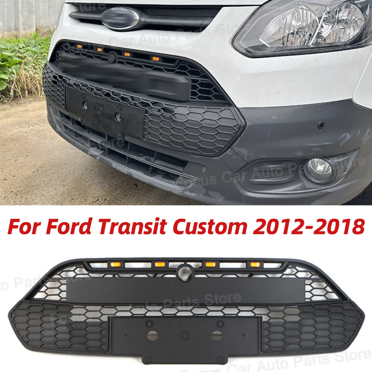 Grille W/LED Light Front Racing Grill Fits For Ford Transit Custom 2012-2018