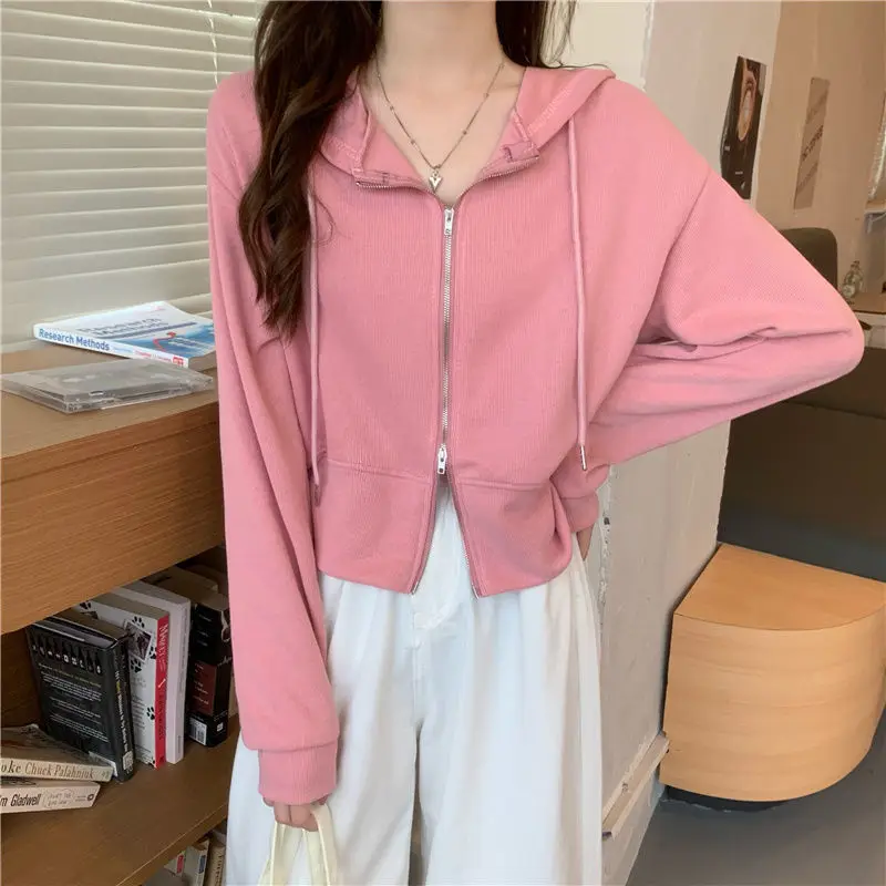 Women\'s Autumn New Style Fashion Simplicity Solid Color Zipper Long Sleeve Hoodies Women Clothes Casual All-match Loose Coat