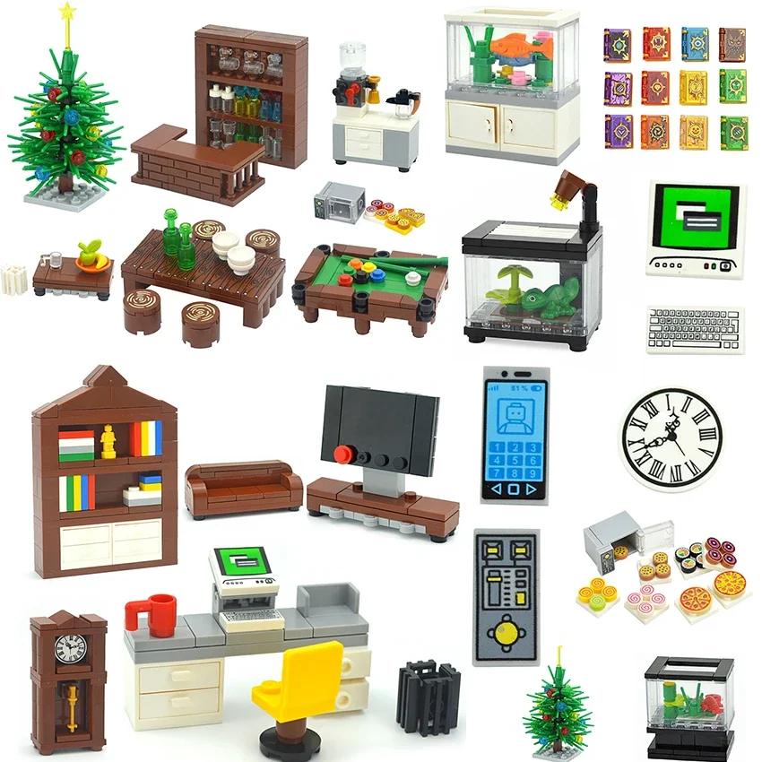 MOC Creative Furniture TV Sofa Brick City Accessories Xmas Tree Book Desk Dining Table Bathroom Door Building Block House Scene