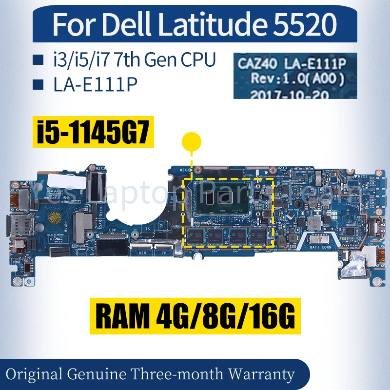 For Dell Latitude 5289 Laptop Mainboard LA-E111P 0VWF74 07DCRR 07DCRR 04T8FJ i3 i5 i7 7th Gen RAM 4/8/16G Notebook Motherboard