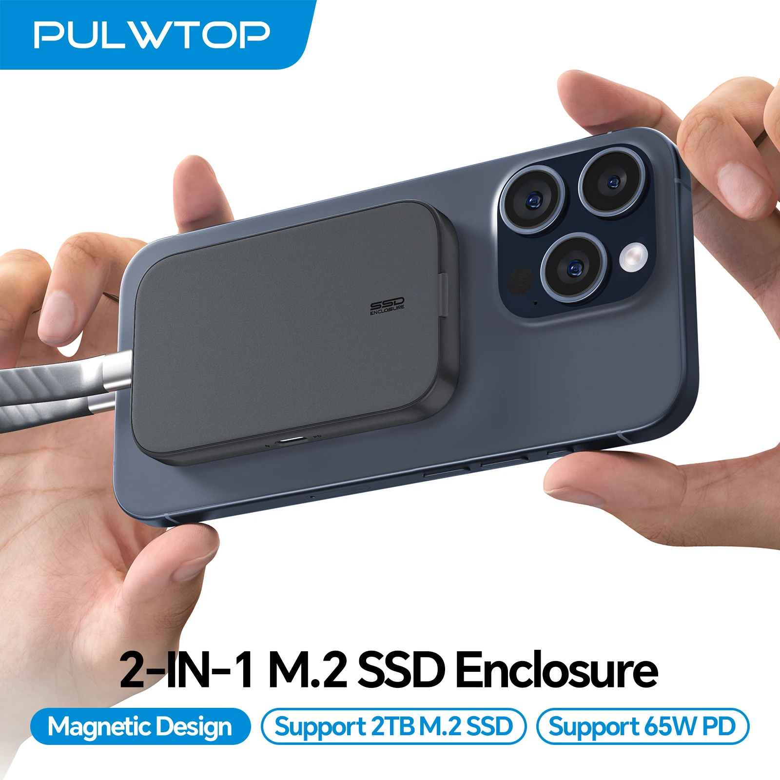 PULWTOP Magnetic M.2 SSD Enclosure for iPhone 15/16/17 Pro Max ProRes, NVMe 2230/2242/2260/2280 to USB C 10Gbps, 60W PD, Audio