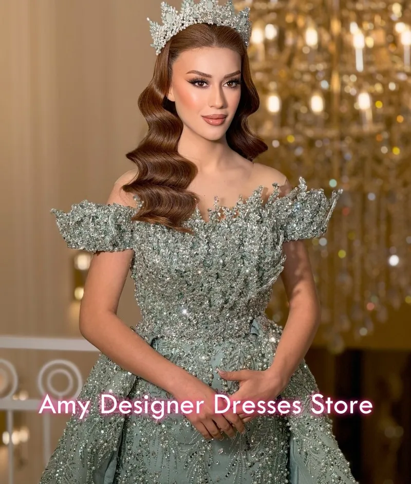 Luxurious Women Evening Dresses Beaded Crystal Ball Gown Prom Dress For Women Bateau Sparkle Party Gowns Customized