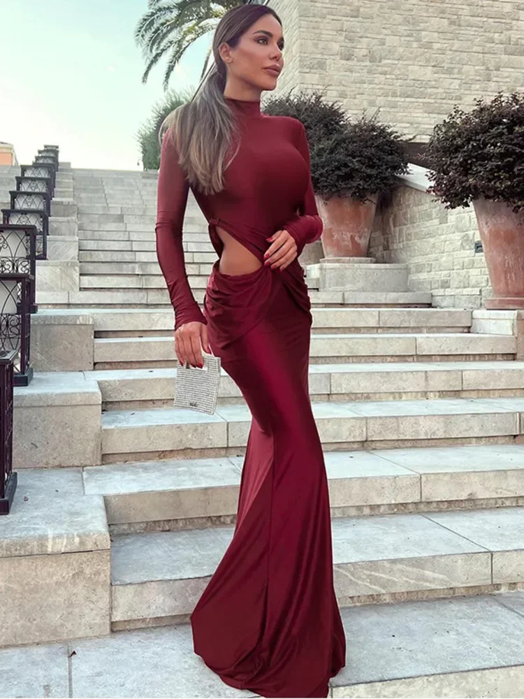 Chaxiaoa Turtleneck Long Sleeve Sexy Maxi Dress Women Gown Elegant Hollow Out High Waist Ruched Bodycon Club Party Long Dresses