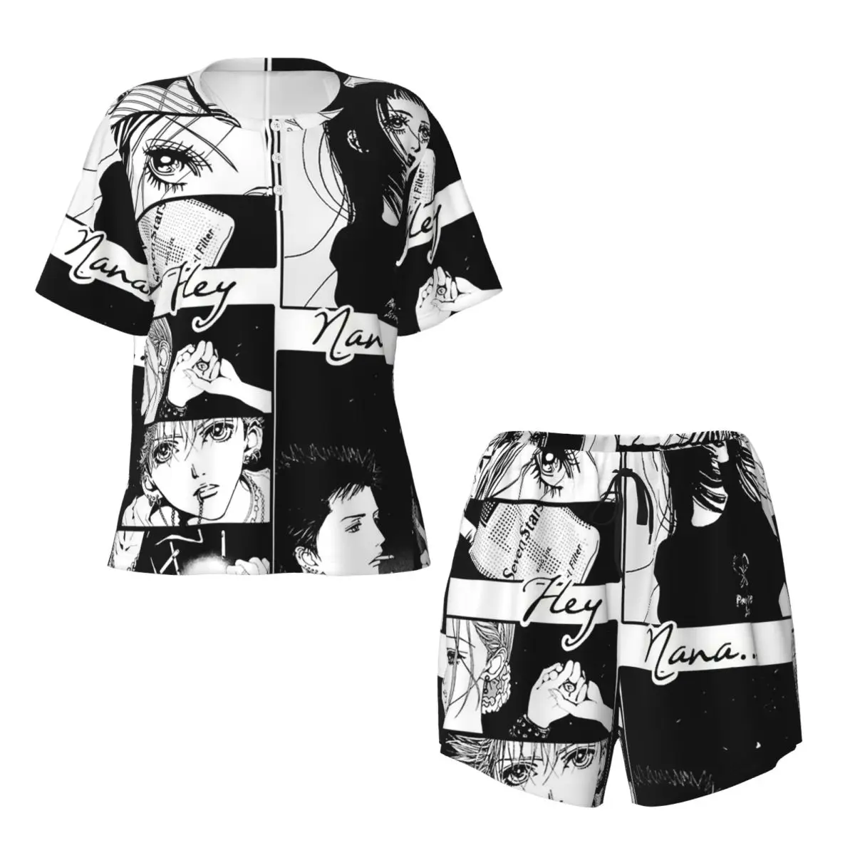 Nana The Black Stones Osaki Anime Round Neck Short Sleeve Nightgowns for Sleeping Sleepshirts Women Soft Pajama Set Short Pants
