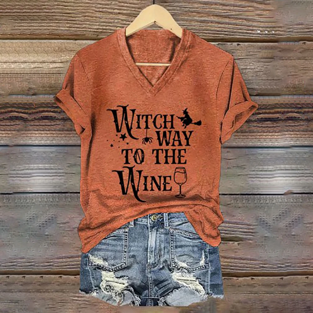 

A Witch Riding A Droomstick Funny Pattern Letter V-neck Women T-shirts Fashion Street Short Sleeves Trend T shirt Tops Pullover