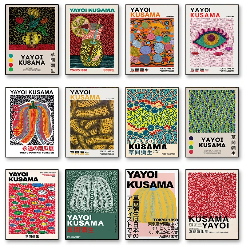 

Выставка произведений искусства Яёи Кусамы: постеры с изображением тыквенных цветов, абстрактные картины на холсте для современного интерьера дома
