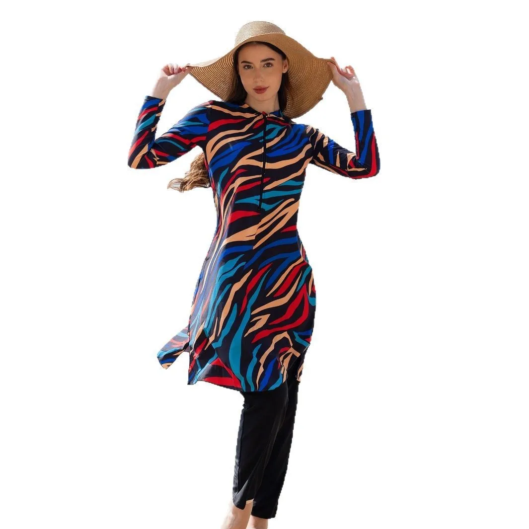 Long Sleeve Swimsuit High Neck Front Zipper Swimwear A Line Abstract Print Maxi Length Multicolor Black Base Modest Bathing Suit view 5