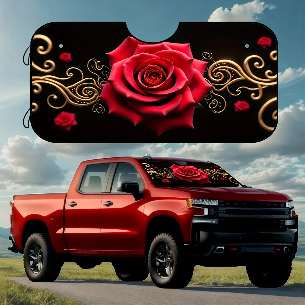 

1 piece, foldable red rose windshield sun visor, UV line reflective sunscreen, women's car truck interior protector, UV blocking