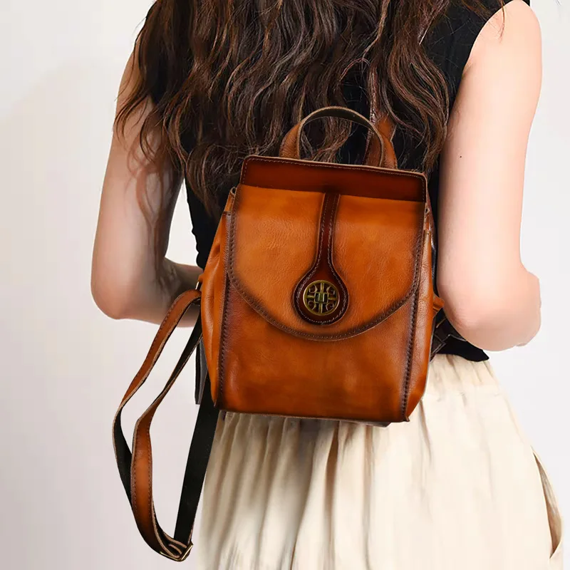 Genuine Leather Cowhide Mini Backpack Teenage Youth Retro Metal Buckle Small Backpacks Women Daily Vintage Double Shoulder Bags