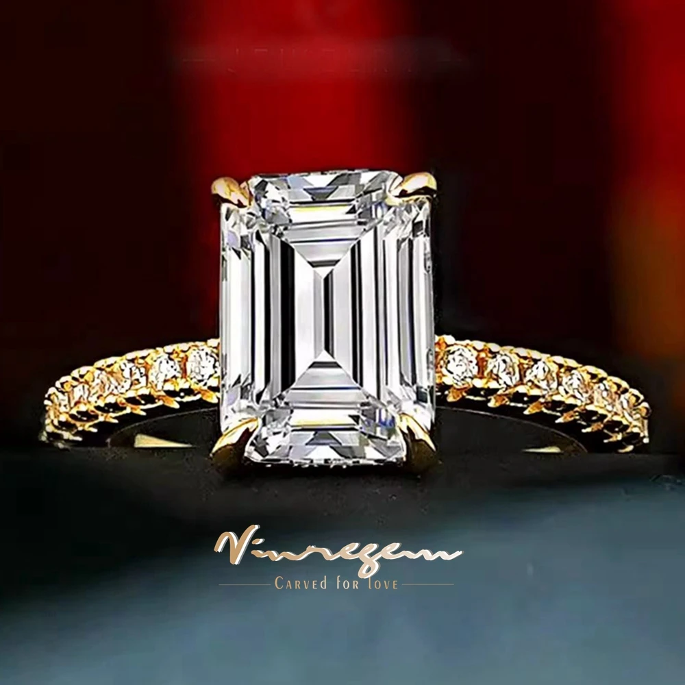 Vinregem 7*10 MM Emerald Cut Lab Created Sapphire Gemstone 18K Gold Plated 925 Sterling Silver Wedding Party Fine Jewelry Rings