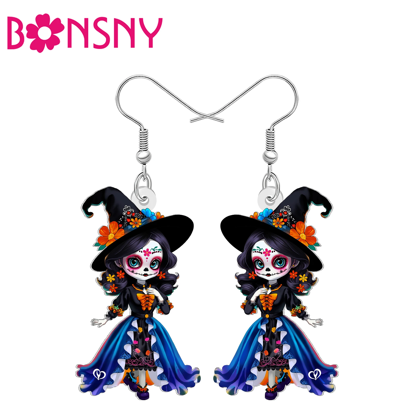BONSNY Acrylic Halloween Gifts Creepy Doll Earrings Day Of The Dead Floral Witch Hat Voodoo Doll Dangle Gothic Jewelry For Women