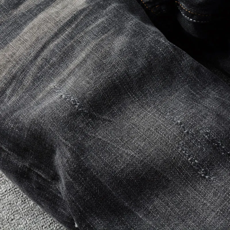 Italian Style Fashion Men Jeans High Quality Retro Black Gray Stretch Slim Fit Ripped Jeans Men Vintage Designer Denim Pants