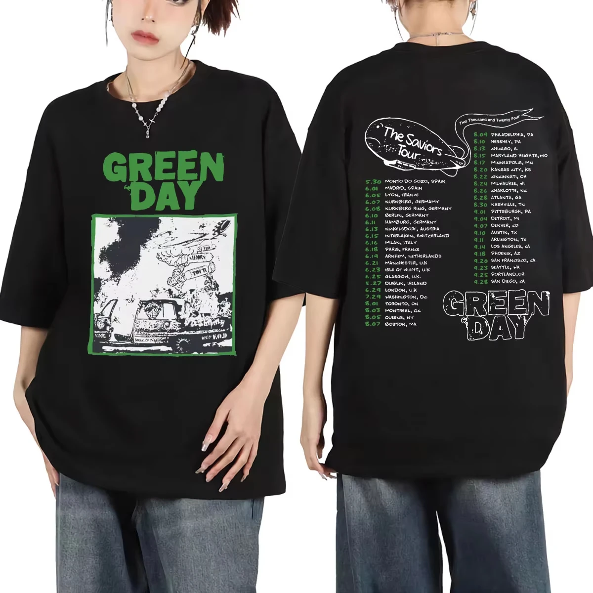 

Green Day The Saviors Tour 2024, футболки с графическим рисунком для мужчин и женщин, футболка в стиле рок, хип-хоп, с коротким рукавом, модные повседневные футболки из чистого хлопка