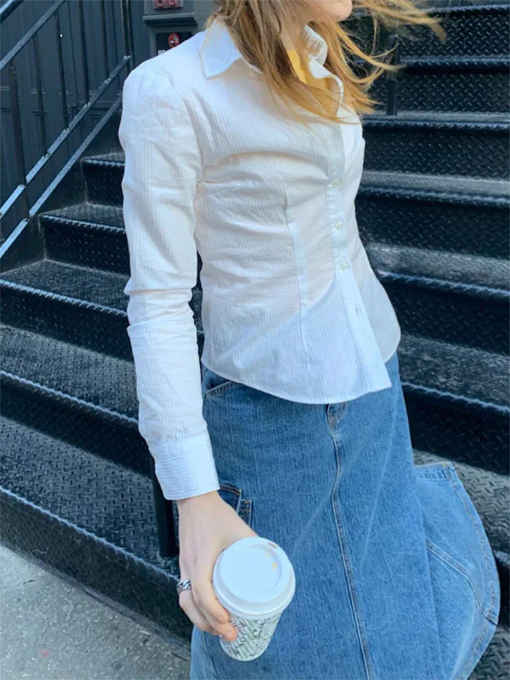 White Striped Slim Shirts Women Spring Turn-down Collar Cotton Single Breasted Blouse Fashion Sweet Solid Long Sleeve T-shirts