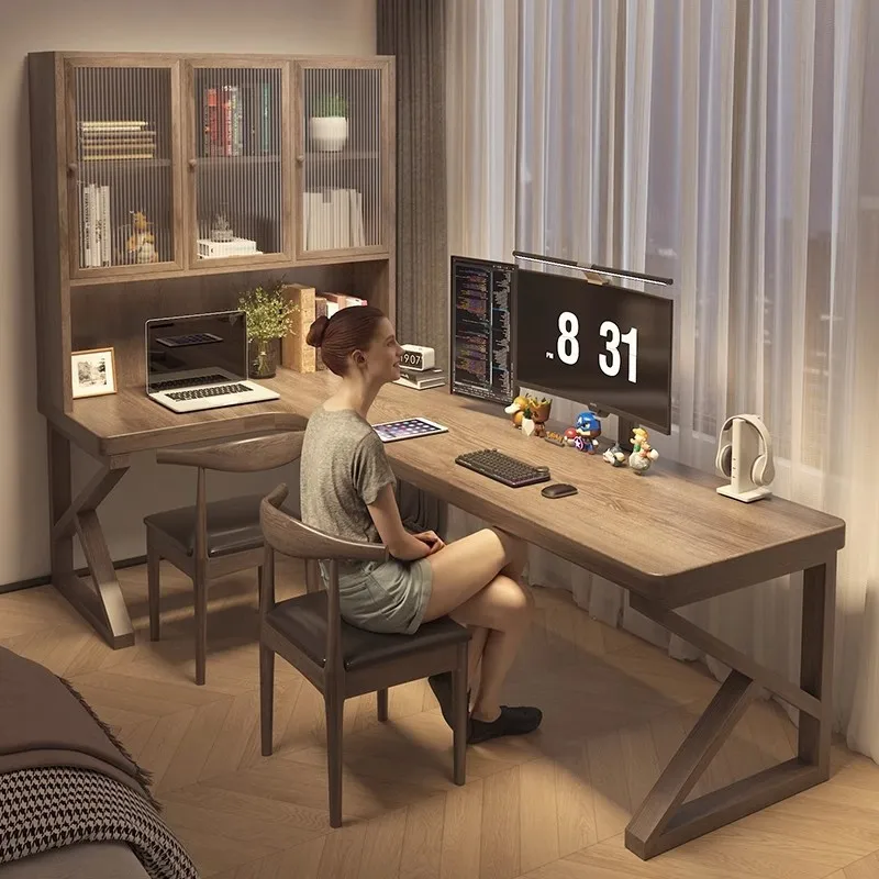 Retro Solid Wood Computer Desk Corner Bookcase Integrated Children's Bedroom Writing Study Workbench L-shaped Standing Desk