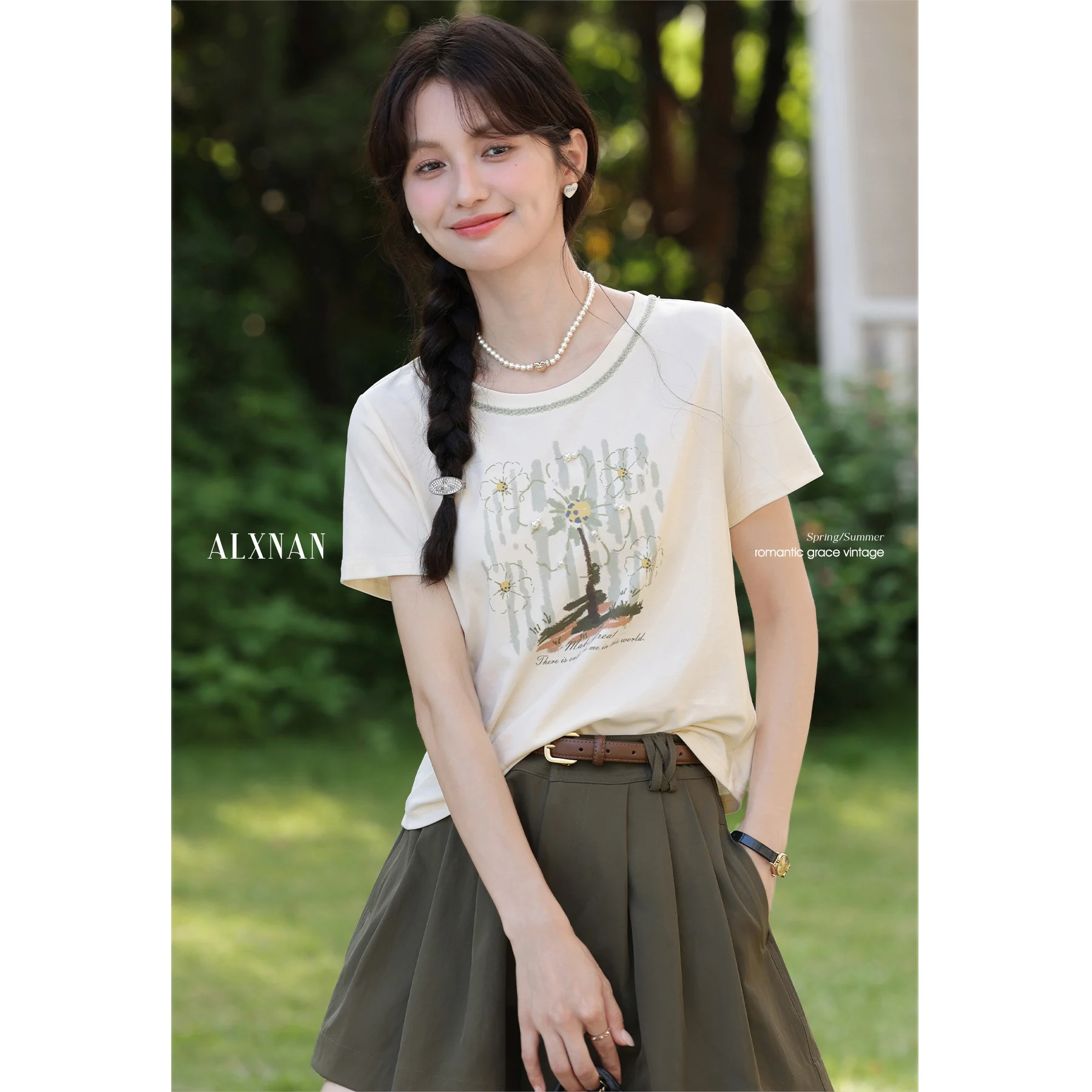 

ALXNAN Printed T-shirt Elegant Loose-fit Pearl Design Cotton 100% T-shirts 2025 Summer Casual Short Sleeve Tops Ladies L56280