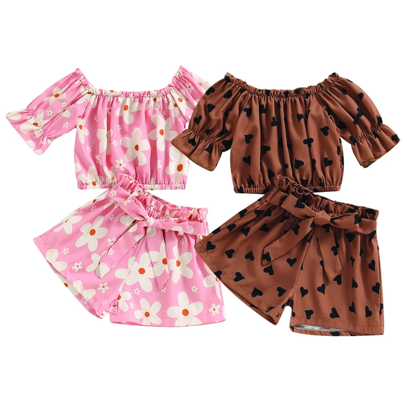 Toddler Baby Girls Summer Outfit Sets Short Sleeve Off Shoulder Tops Heart Print Shorts with Belt Children's Clothing Set