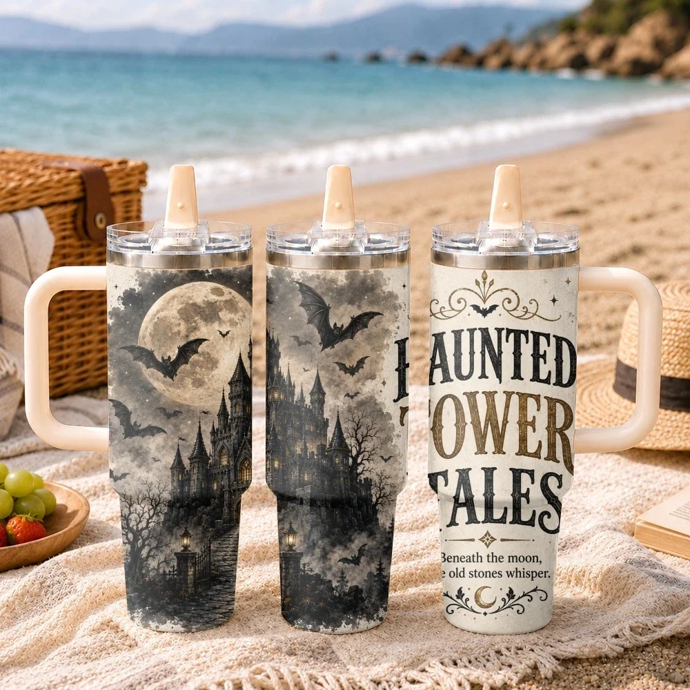 Haunted Tower Halloween Tales Vacuum Flasks 40oz 3rd Gen Vacuum Insulated Stainless Steel Tumbler Cup With Handle Straw Lid
