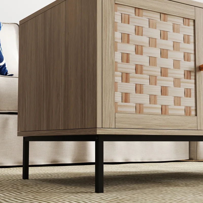 Coffee Table 19*41 in Rectangle Furniture With Storage Cabinet 4 Sliding Door Weaving Design  for Living Room Bedroom