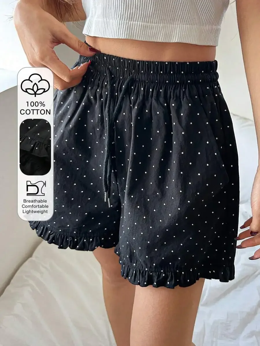 

Polka Dot Ruffle Hem Cotton Shorts For Women