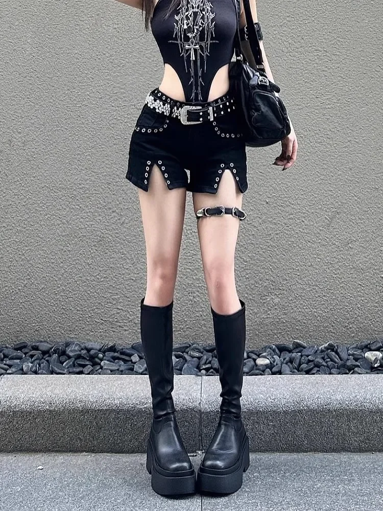 Summer Hot Girls Japanese Harajuku Punk Skull Low Waisted Lace-up Black Thin Slit Denim Shorts Goth Rock Revit Sexy Women Shorts