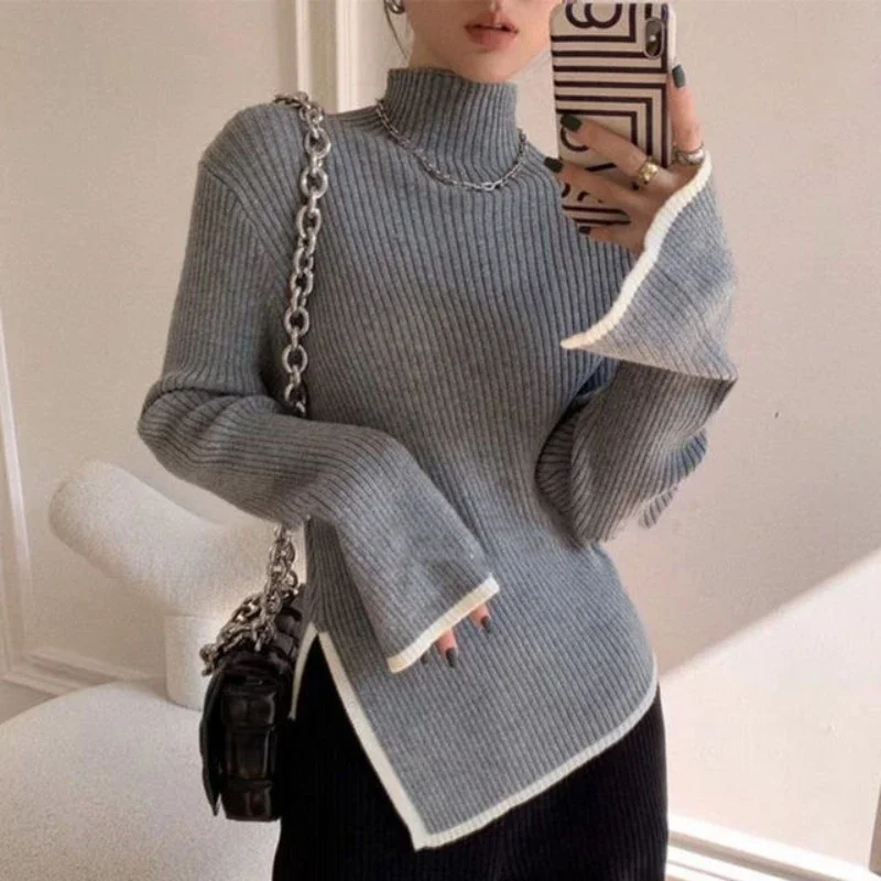 Zik Turtleneck Side Slit Pullover Contrasting Colors Autumn Winter Women Style Top Self-cultivation Sweater Pagoda Sleeve Slim