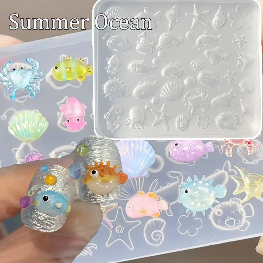 3D Ocean Animal Starfish Shell Nail Mold Cute Puffer Fish Octopus Crab Carving Template Silicone Mold Summer Nail Art Supplies
