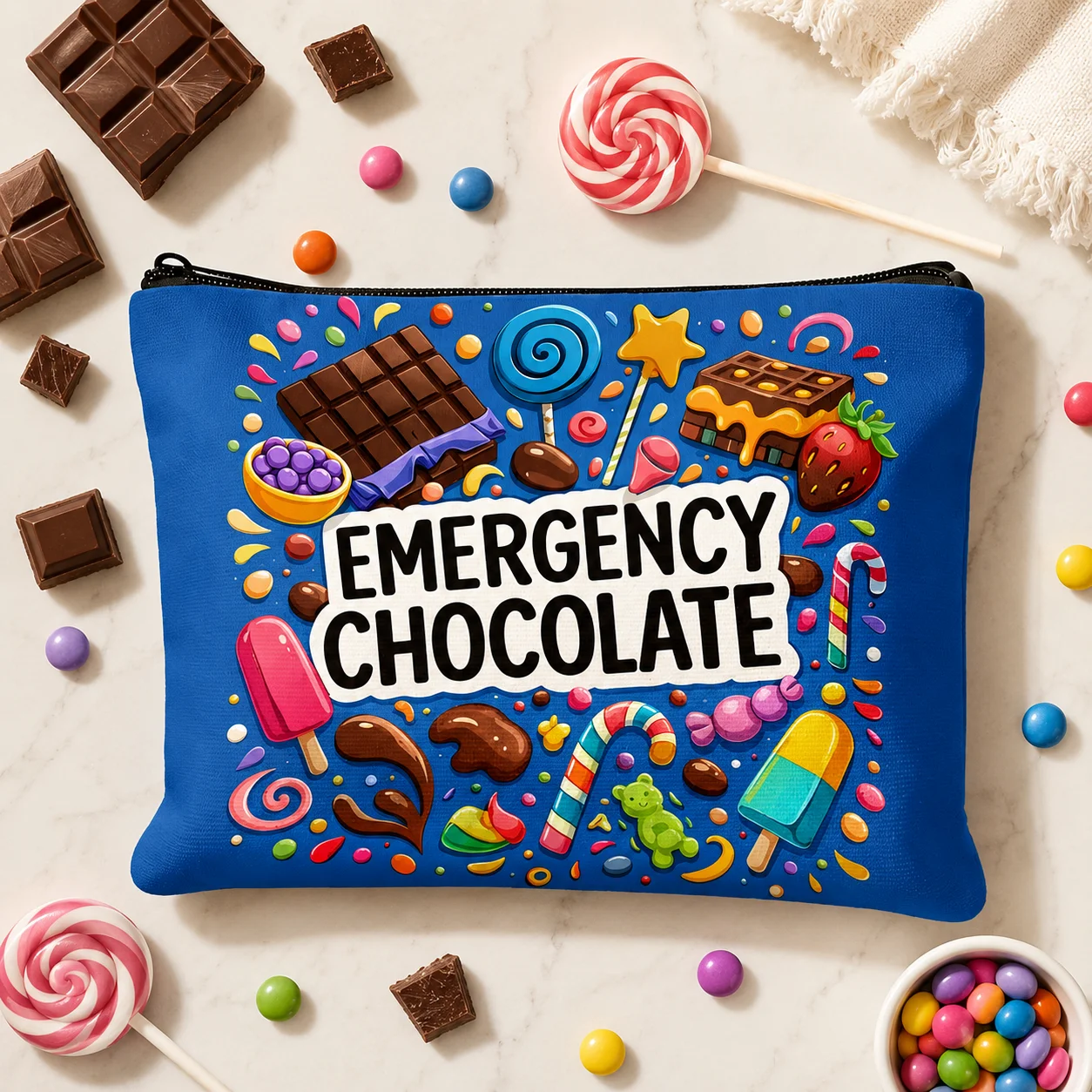 Emergency Chocolate Cosmetic Bag Funny Candy Sweet Treat Print Canvas Zipper Pouch Makeup Storage Purse Gift for Chocolate Lover