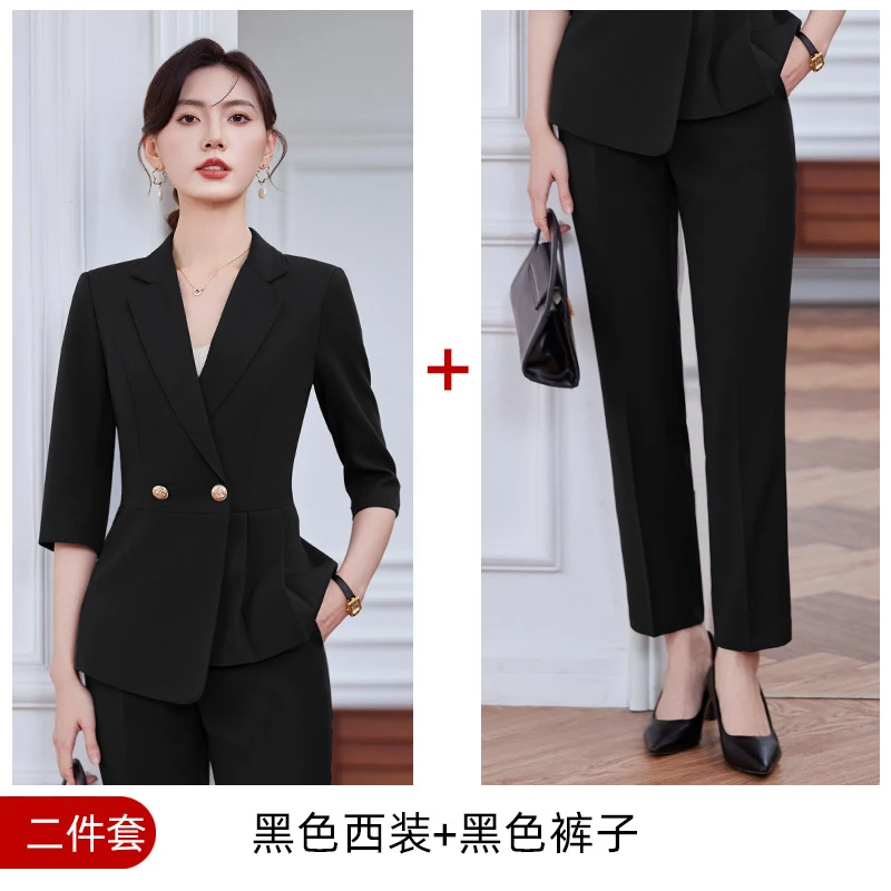High-end gray women's suit set, summer thin professional attire, elegant goddess style, mid-sleeve blazer, workwear