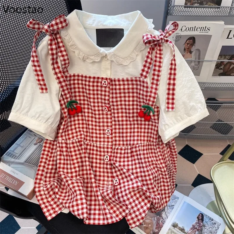 

Sweet Lolita Style Shirts Women Kawaii Cherry Plaid Patchwork Fake Two Piece Short Sleeve Blouses Girls Cute Y2k Bow Loose Tops