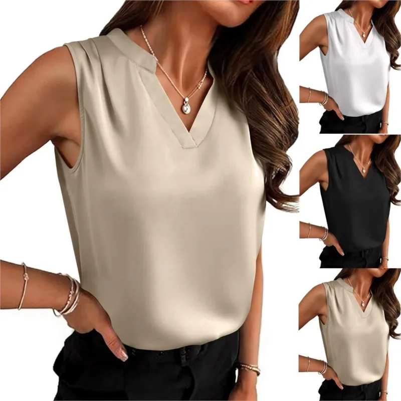 

Женские блузки: Новинка лета 2026 – белая атласная плиссированная безрукавка с V-образным вырезом, повседневная модная рубашка, простой стильный топ, женская одежда