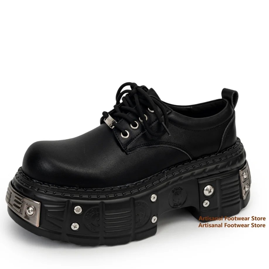 Rivets Thick-Soled Derby Shoes Men's Punk Metal Decor Big Round Toe Leather Casual Shoes Height Increasing Leather Men's Shoes