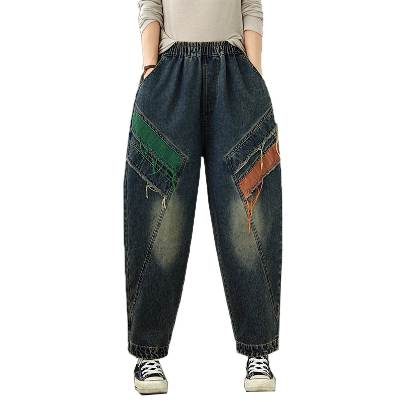 Solto casual harlan velho pai jeans bordado tamanho grande outono sle artístico versátil calças compridas cintura alta nove pontos