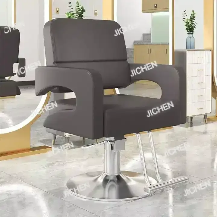 

High-end hair salon furniture armchair Rotatable lifting stainless steel black metal barber chair