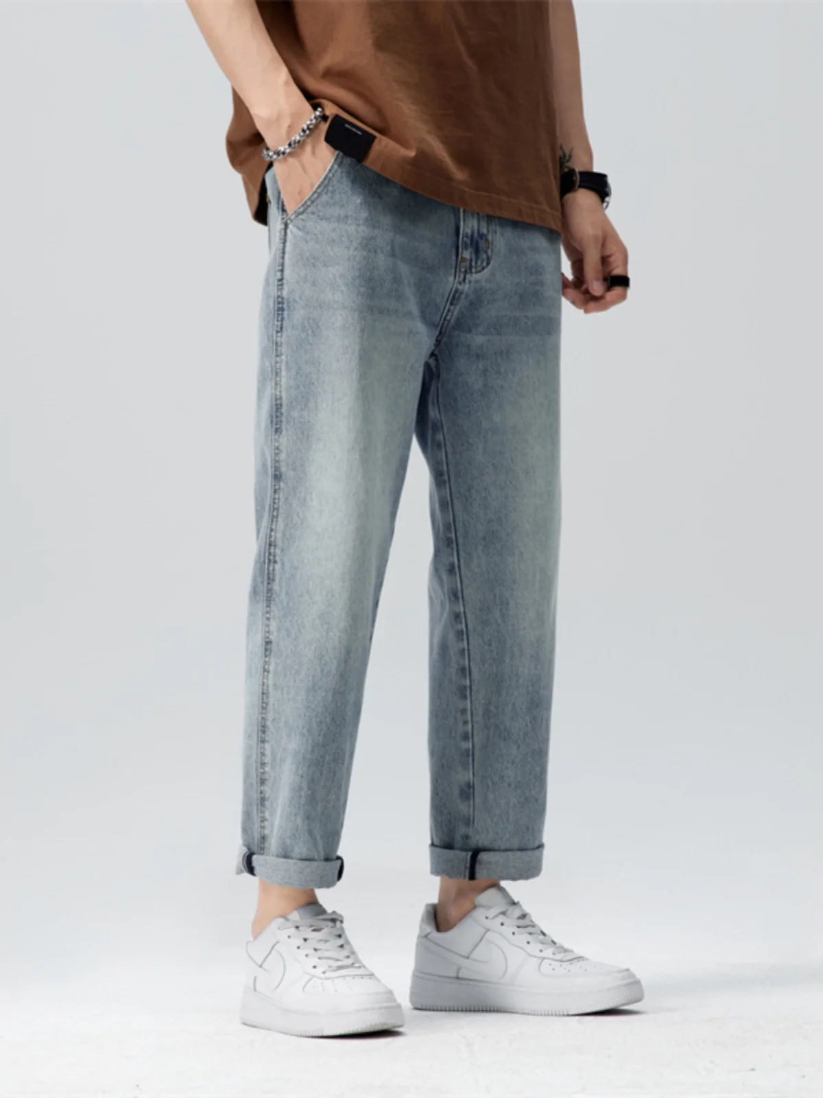 

Мужские джинсы прямого кроя в стиле ретро, синие, весна-осень, модные, молодежные, свободные, повседневные, износостойкие, с низкой посадкой, укороченные (до щиколотки)