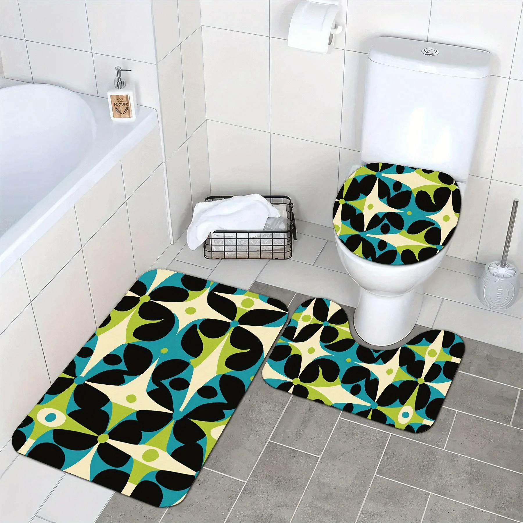 Geometric Swirl Bath Mat Set 3pcs, Modern Bathroom Floor Mat \u0026 Slippers, Trendy Home Decor Accessories