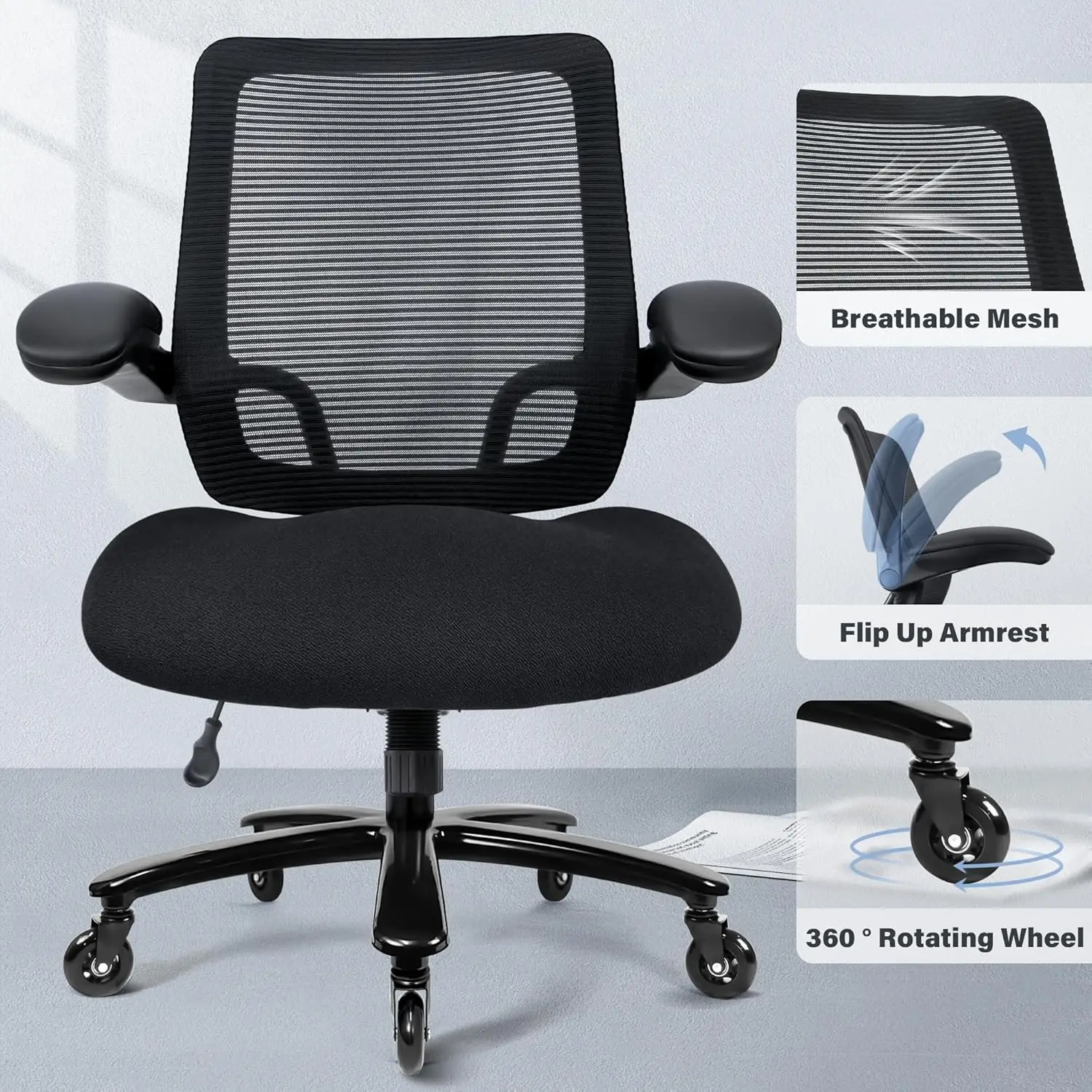 500lbs Heavy Duty Mesh Office Chair - Ergonomic High Back Desk Chair with Flip-up Armrests & Quiet Wheels