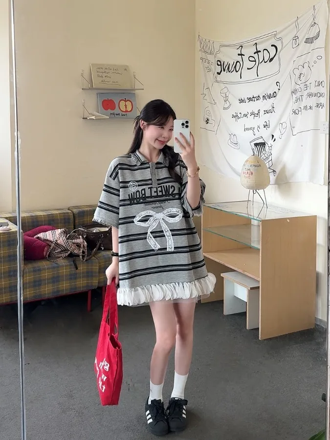 

plus Size Casual Neck Striped Dress Summer New Vintage Loose Slimming Lace Splicing Short Skirt Women's Fashion Korean S...