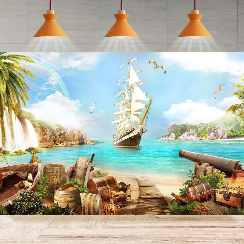 

Photography Background Pirate Theme Ship Treasure Chests Barrels Parrot Ocean Sailing Boat Waterfalls Party Backdrop Wall Banner