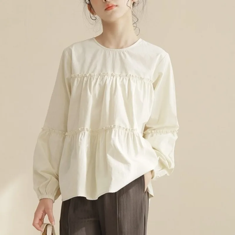 

2026 Spring Summer New Girl's Loose Sweet Doll Style Crew Neck Shirt Toddler Youth Cotton Casual Wear