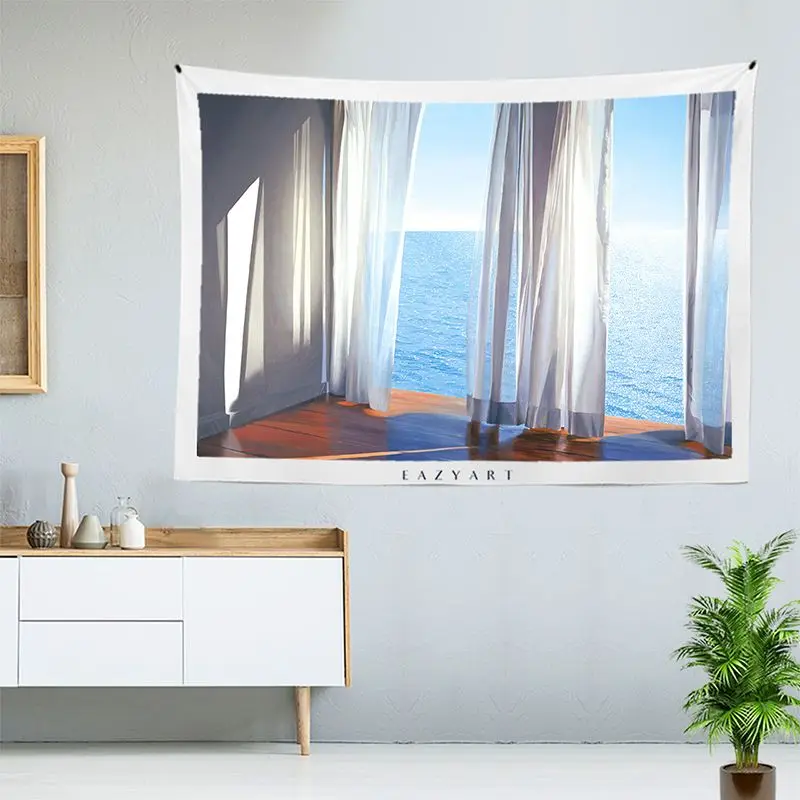 VIKAMA Seascape French Window Tapestry, Coastal Wall Hanging Background Cloth for Breezy Living Room Aesthetic Home Decor