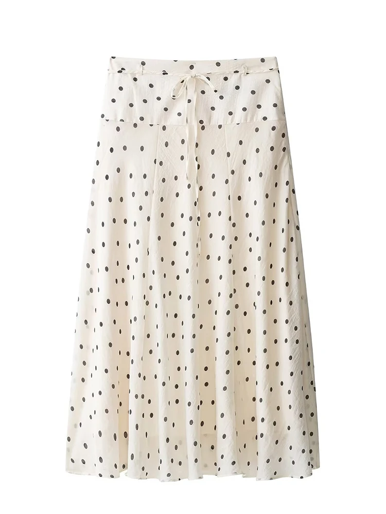 HH Women Summer Spring Y2K Chic Cream Polka Dot Skirt Spring High Waist Drawstring Flowy Maxi Lightweight Skirt For Streetwear