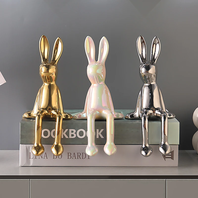 Luxury Long-Eared Rabbit Sitting Figurine High-End Soft Decoration for Living Room TV Stand Wine Cabinet