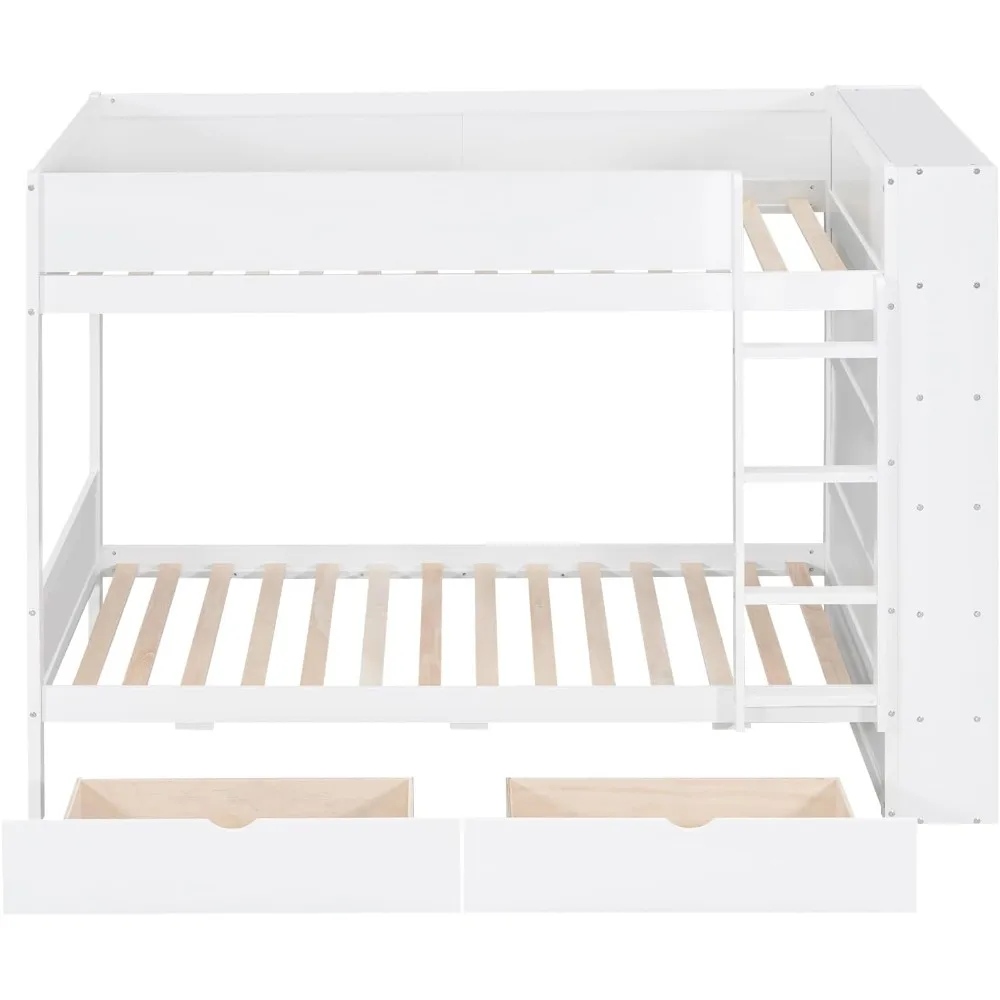 Beliche branco Merax Twin sobre Twin com gavetas de armazenamento e armário de vários camadas, estante incluída, sem necessidade de molas
