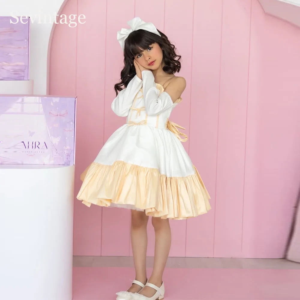 

Белые и желтые платья для девочек Sevintage Princess с цветочным узором и бантом, свадебные и праздничные платья А-силуэта для детей, милые платья на день рождения, на заказ