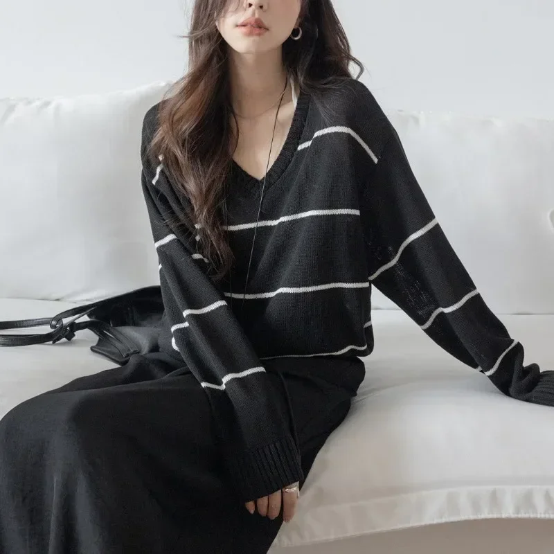 

Striped Basic Women Sweater V Neck Long Sleeve Korean Fashion Knitted Pullover Thin Loose Commuting Elegant Spring