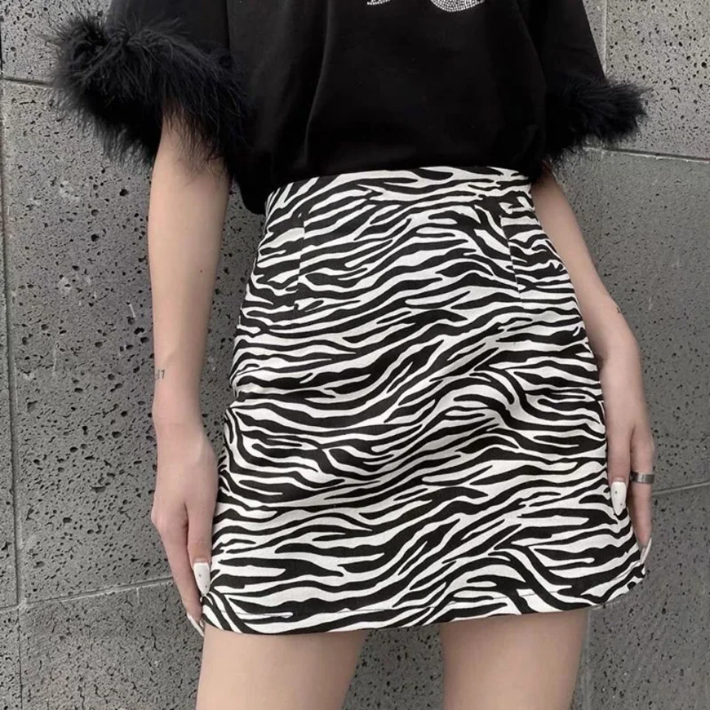 Summer Zebra Print Skirt Women's High Waist Thin A-line Skirt Simple and Versatile Package Hip Skirt Ins Short Skirt